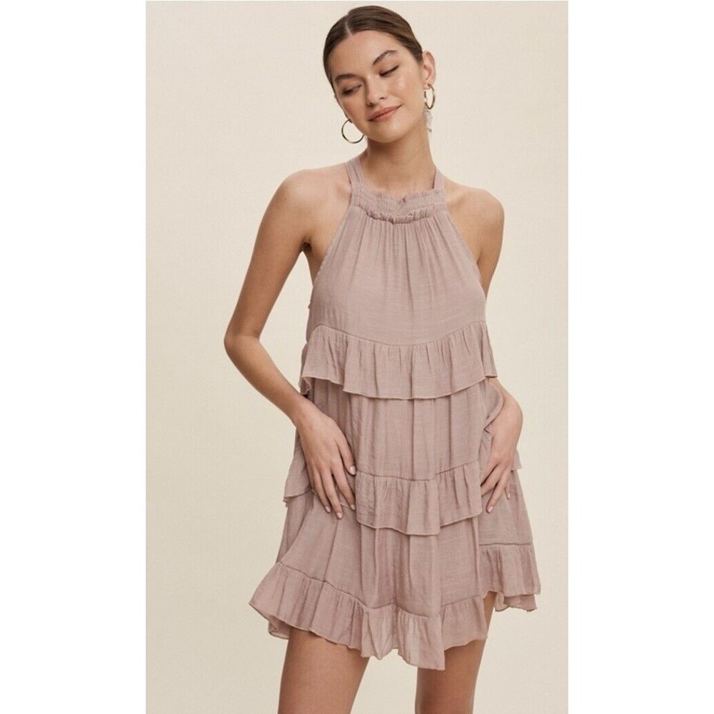 NWT Listicle Ruffle Mauve Woven Rayon Halter Neck Pocket Tiered Dress XS